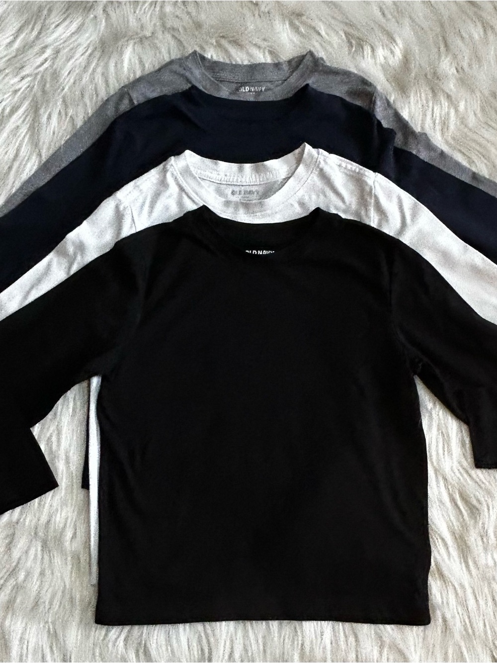 Old Navy Boys' Long Sleeve Crew Tops in Black, White, Navy, Gray